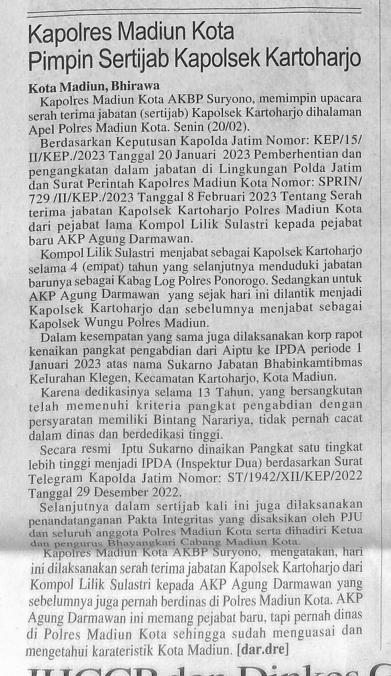 Kapolres Madiun Kota Pimpin Sertijab Kapolsek Kartoharjo