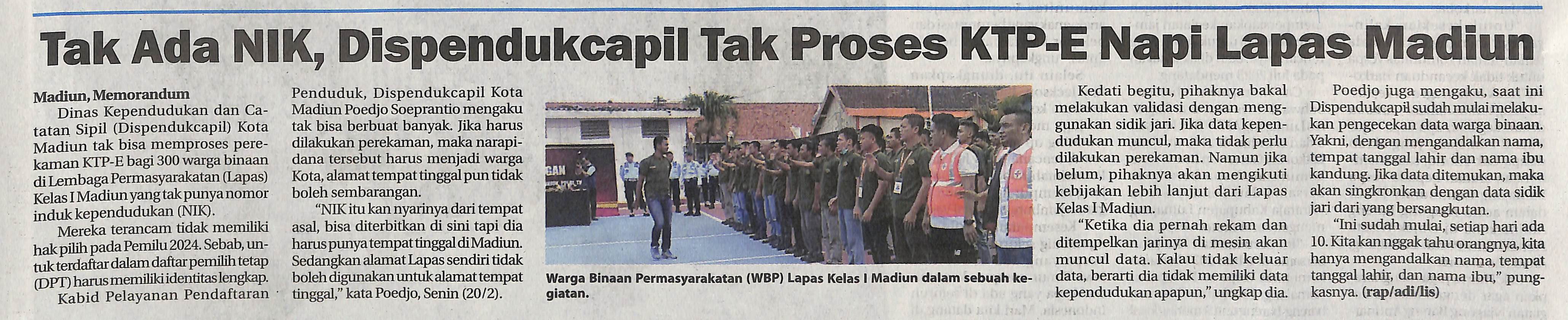 Tak Ada Nik, Dipendukcapil Tak Proses KTP-E Napi Lapas Madiun