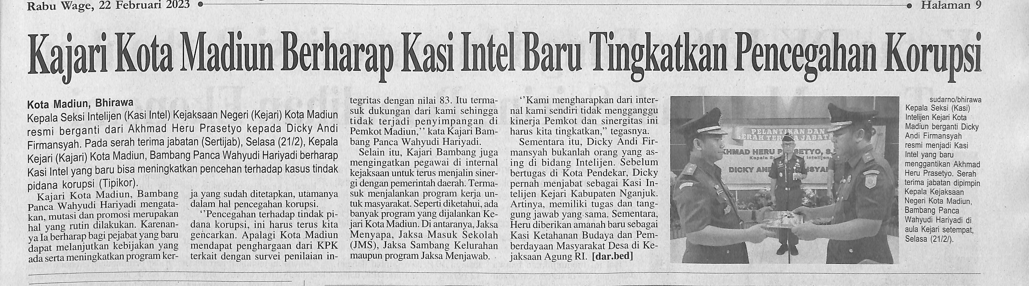 Kajari Kota Madiun Berharap Kasi Intel Baru Tingkatkan Pencegahan Korupsi