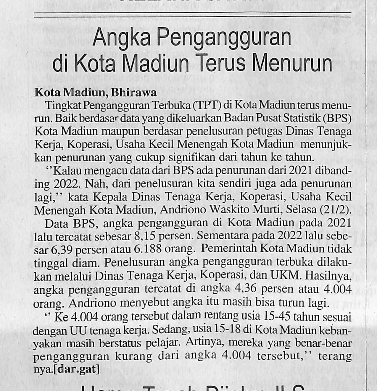 Angka Pengangguran di Kota Madiun Terus Menurun
