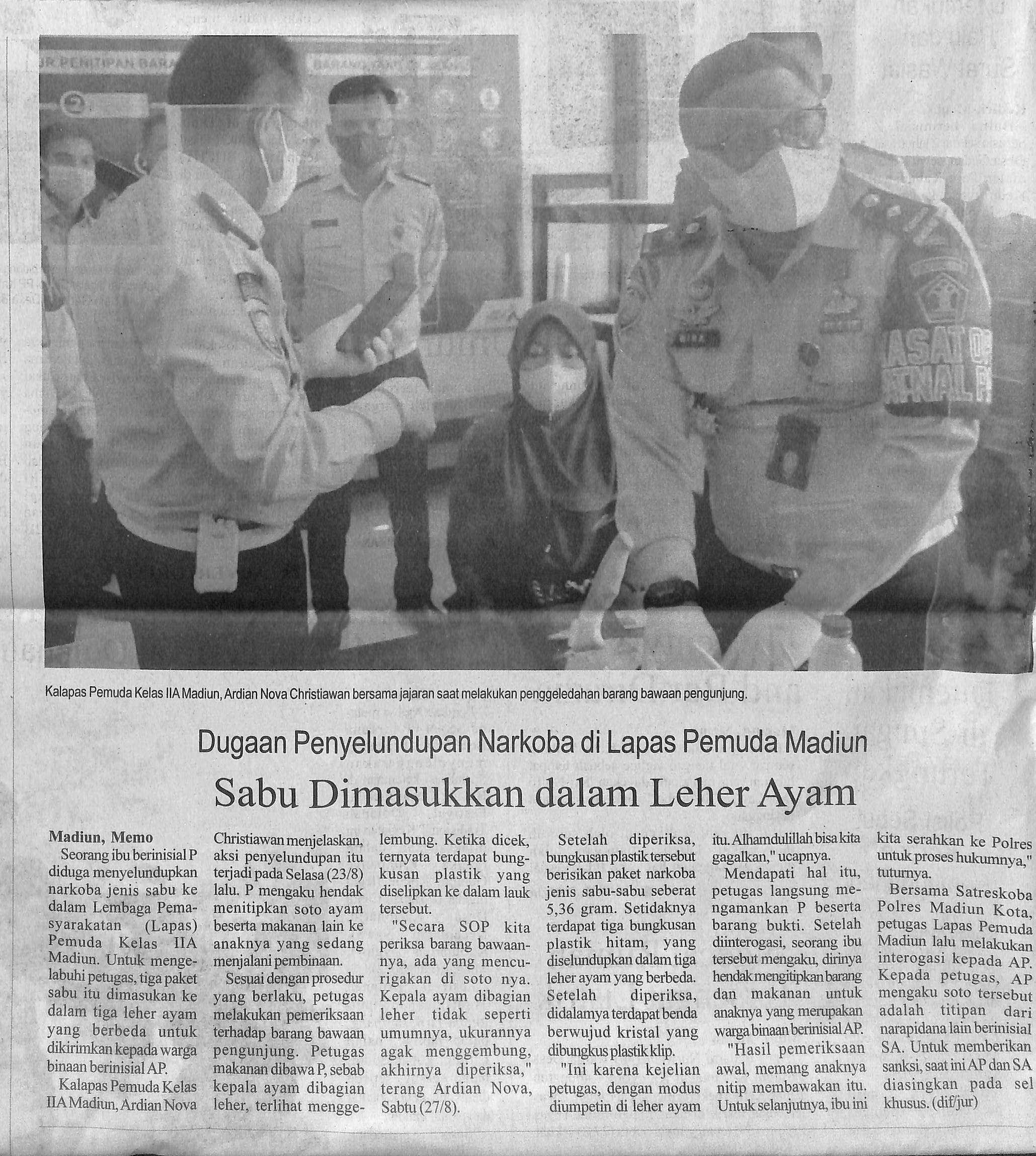 Dugaan Penyelundupan Narkoba di Lapas Pemuda Madiun, Sabu Dimasukkan dalam Leher Ayam