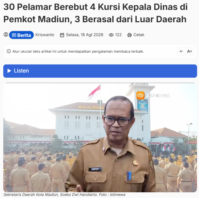 30 Pelamar Berebut 4 Kursi Kepala Dinas di Pemkot Madiun, 3 Berasal dari Luar Daerah