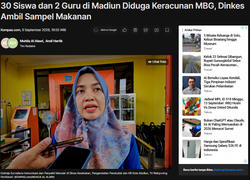 30 Siswa dan 2 Guru di Madiun Diduga Keracunan MBG, Dinkes Ambil Sampel Makanan