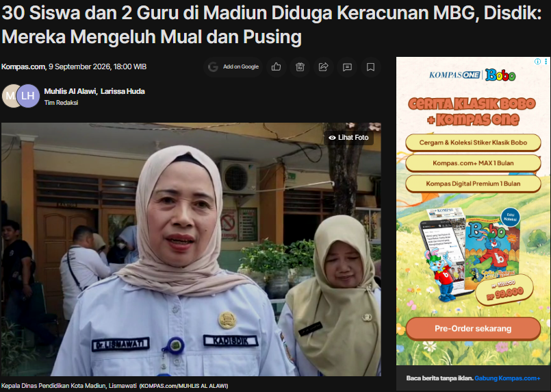 30 Siswa dan 2 Guru di Madiun Diduga Keracunan MBG, Disdik: Mereka Mengeluh Mual dan Pusing