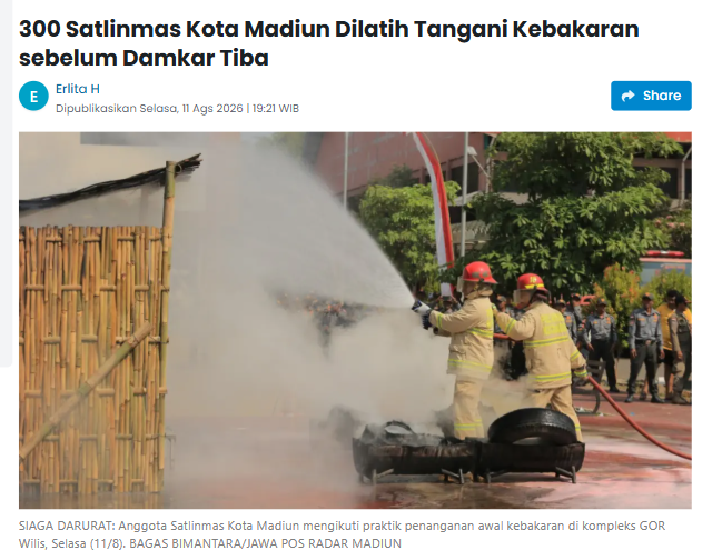 300 Satlinmas Kota Madiun Dilatih Tangani Kebakaran sebelum Damkar Tiba