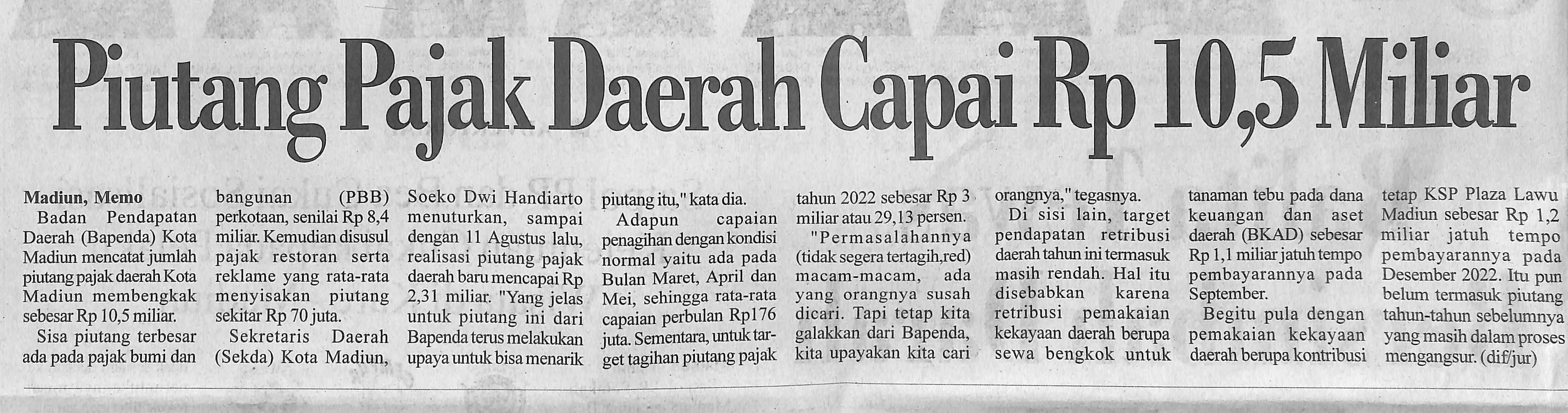Piutang Pajak Daerah Capai Rp 10,5 Miliar