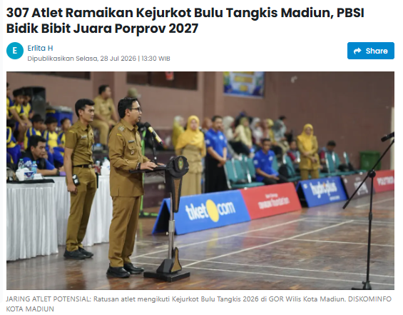 307 Atlet Ramaikan Kejurkot Bulu Tangkis Madiun, PBSI Bidik Bibit Juara Porprov 2027
