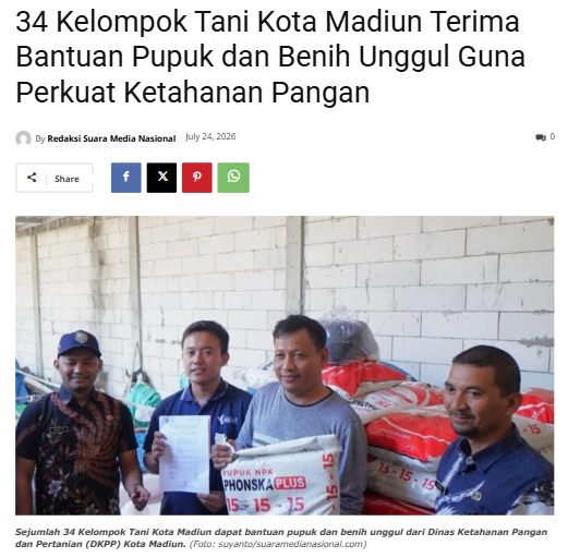 34 Kelompok Tani Kota Madiun Terima Bantuan Pupuk dan Benih Unggul Guna Perkuat Ketahanan Pangan