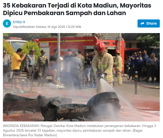 35 Kebakaran Terjadi di Kota Madiun, Mayoritas Dipicu Pembakaran Sampah dan Lahan
