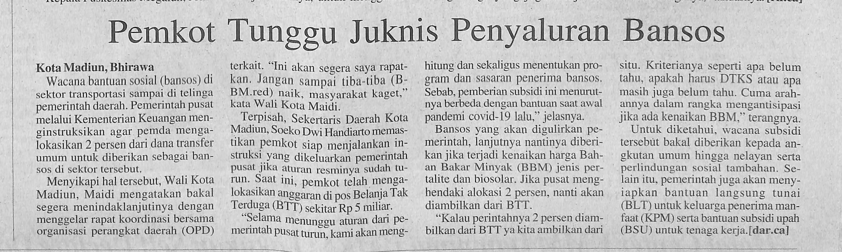 Pemkot Tunggu Juknis Penyaluran Bansos