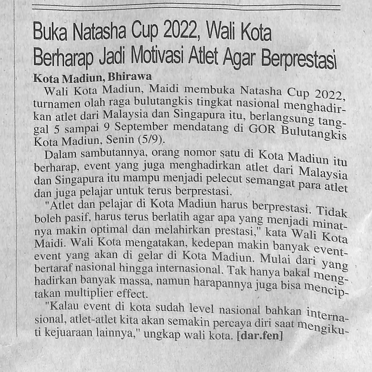 Buka Natasha Cup 2022, Walikota Berharap Jadi Motivasi Atlet Agar Berpestrasi