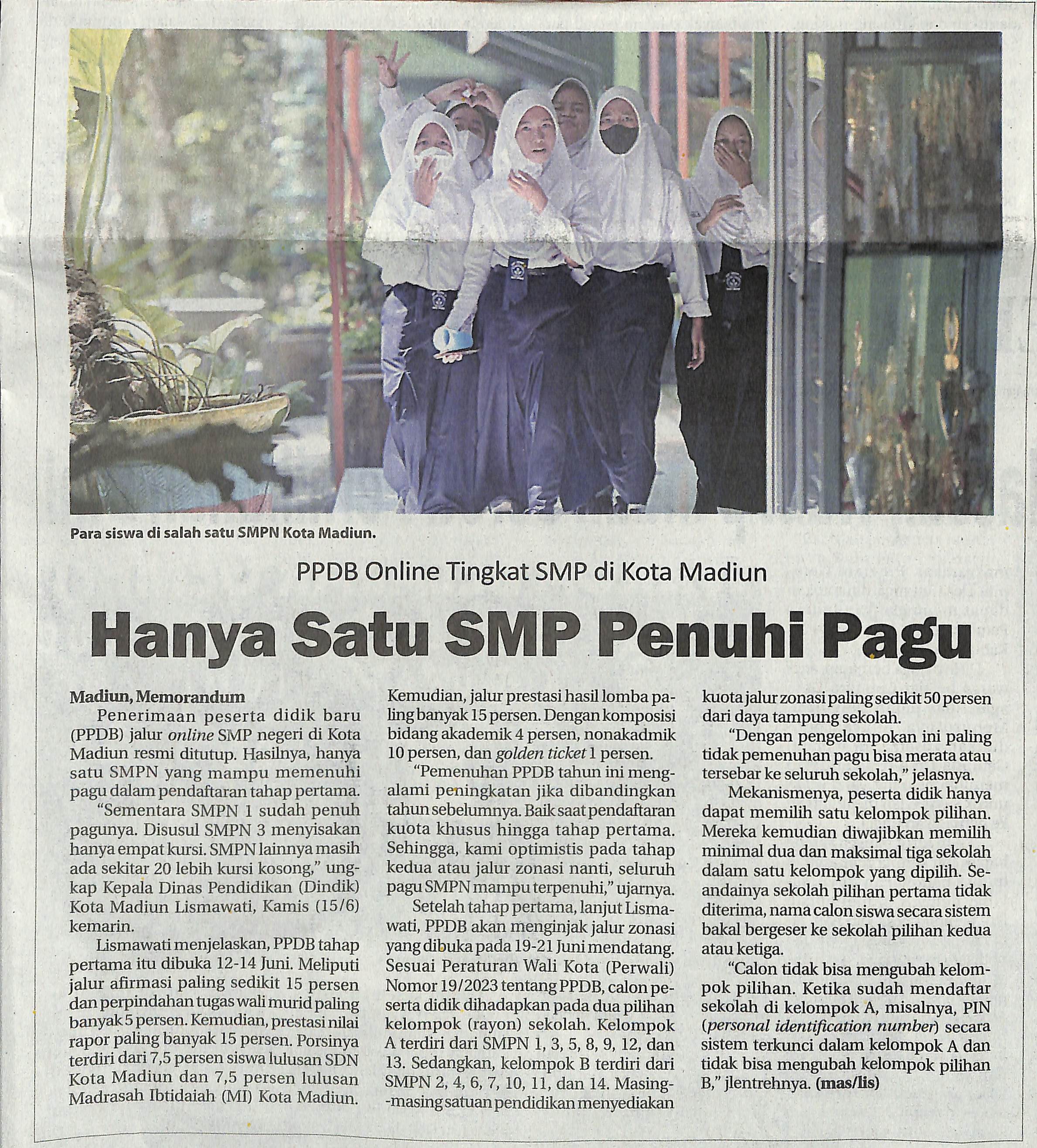 PPDB Online Tingkat SMP di Kota Madiun Hanya Satu SMP Penuhi Pagu