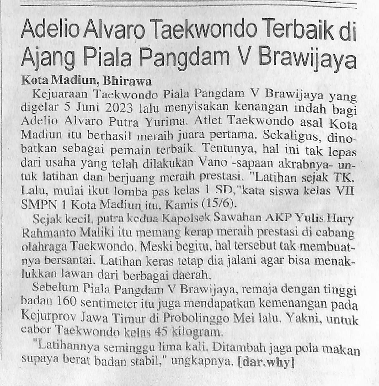 Adelio Alvaro Taekwondo Terbaik di Ajang Piala Pangdam V Brawijaya