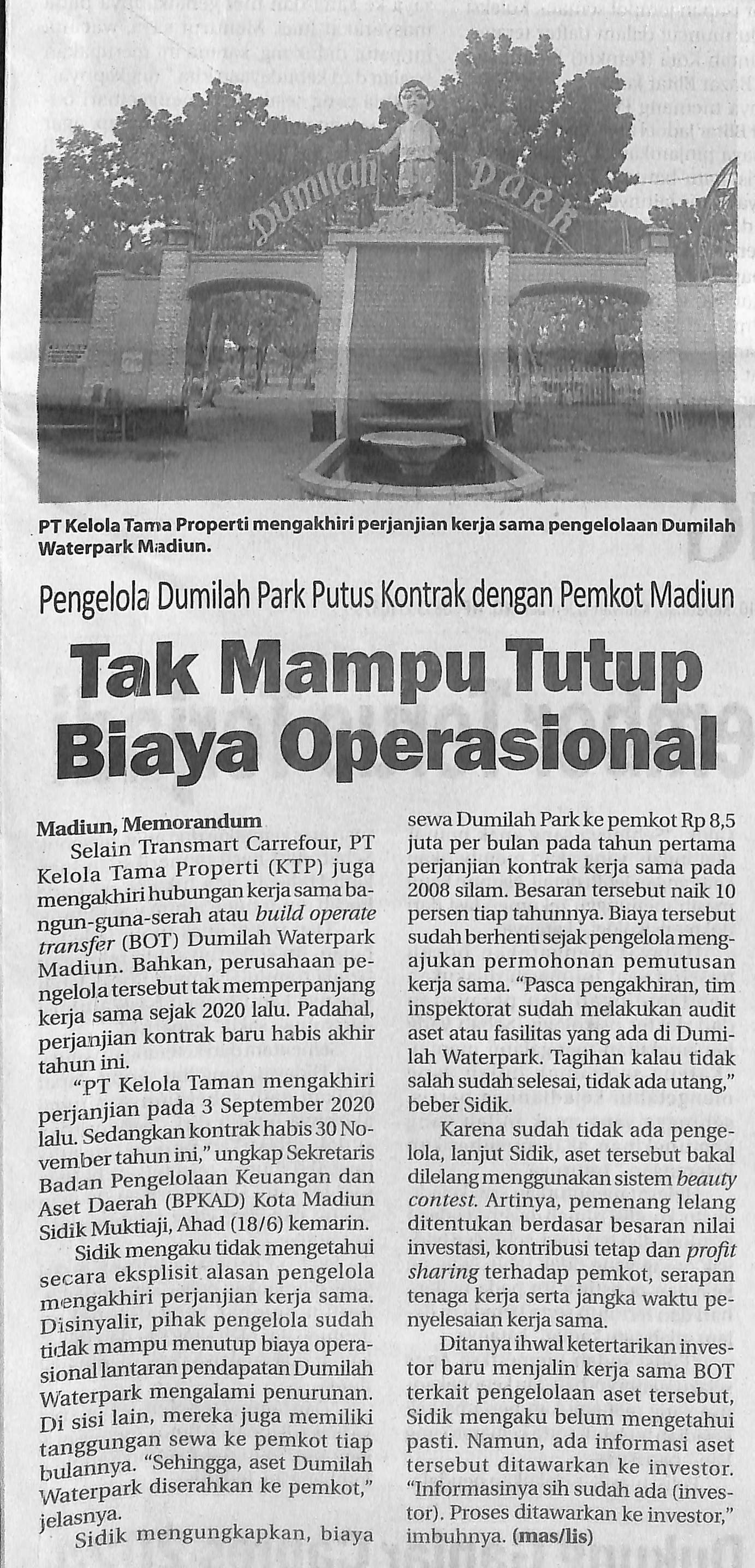 Pengelolan Dumilah Park Putus Kontrak Dengan Pemkot Madiun, Tak Mampu Tutup Biaya Operasional