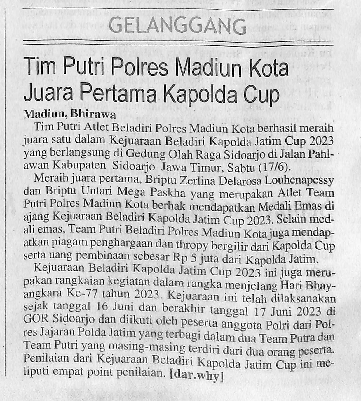 Tim Putri Polres Madiun Kota Juara Pertama Kapolda Cup