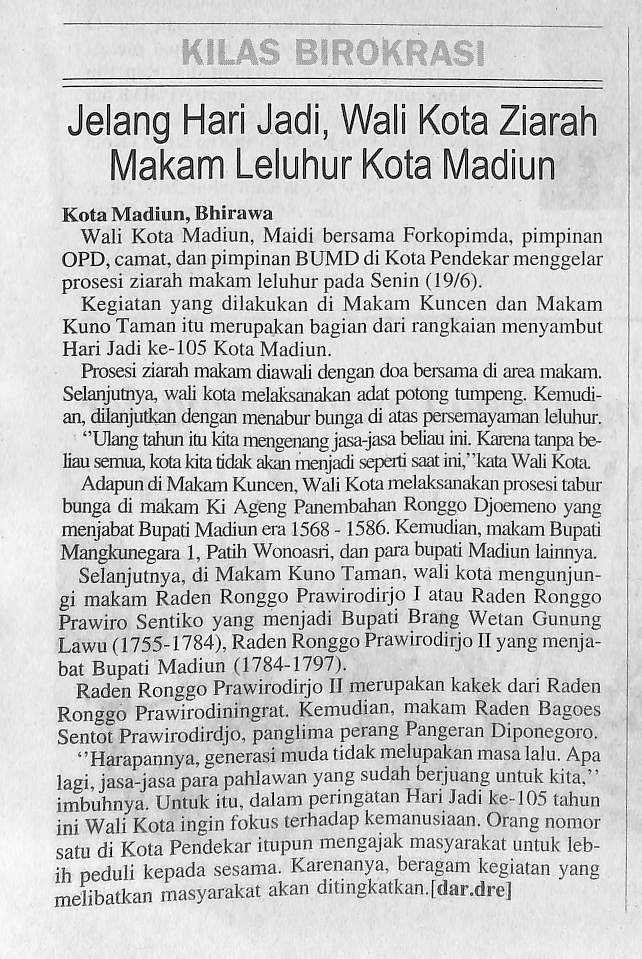 Jelang Hari Jadi, Wali Kota Ziarah Makam Leluhur Kota Madiun