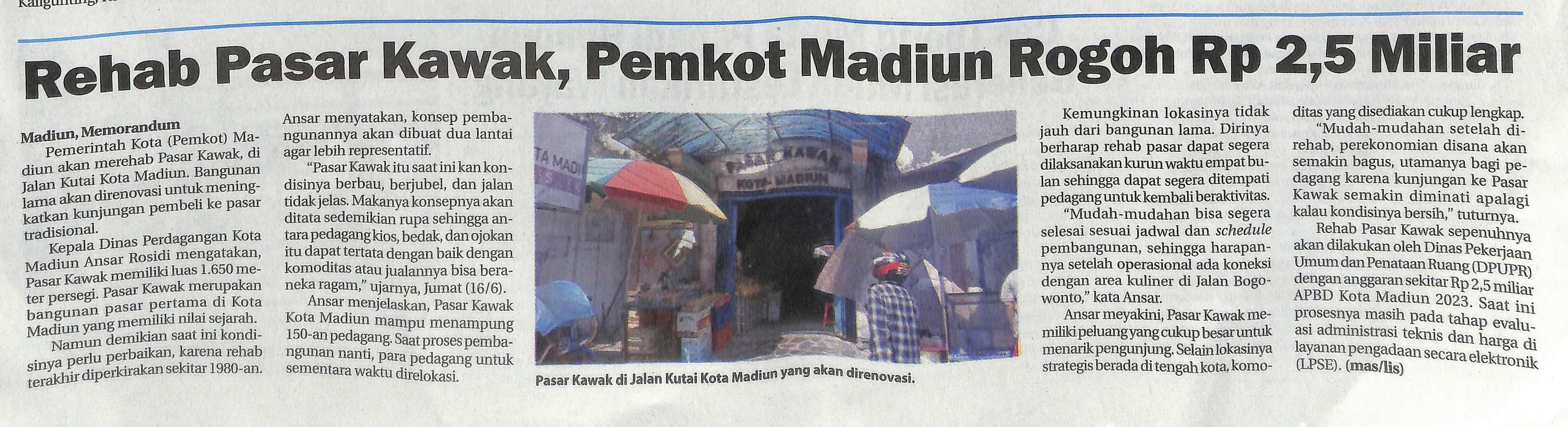 Rehab Pasar Kawak, Pemkota Madiun Rogoh Rp 2,5 Miliar