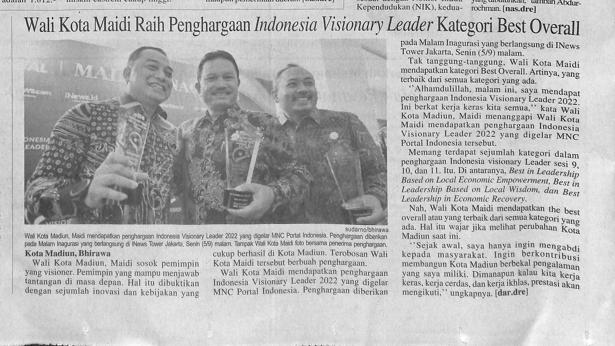 Walikota Raih Penghargaan Indonesia Visionary Leader Kategori Best Overall