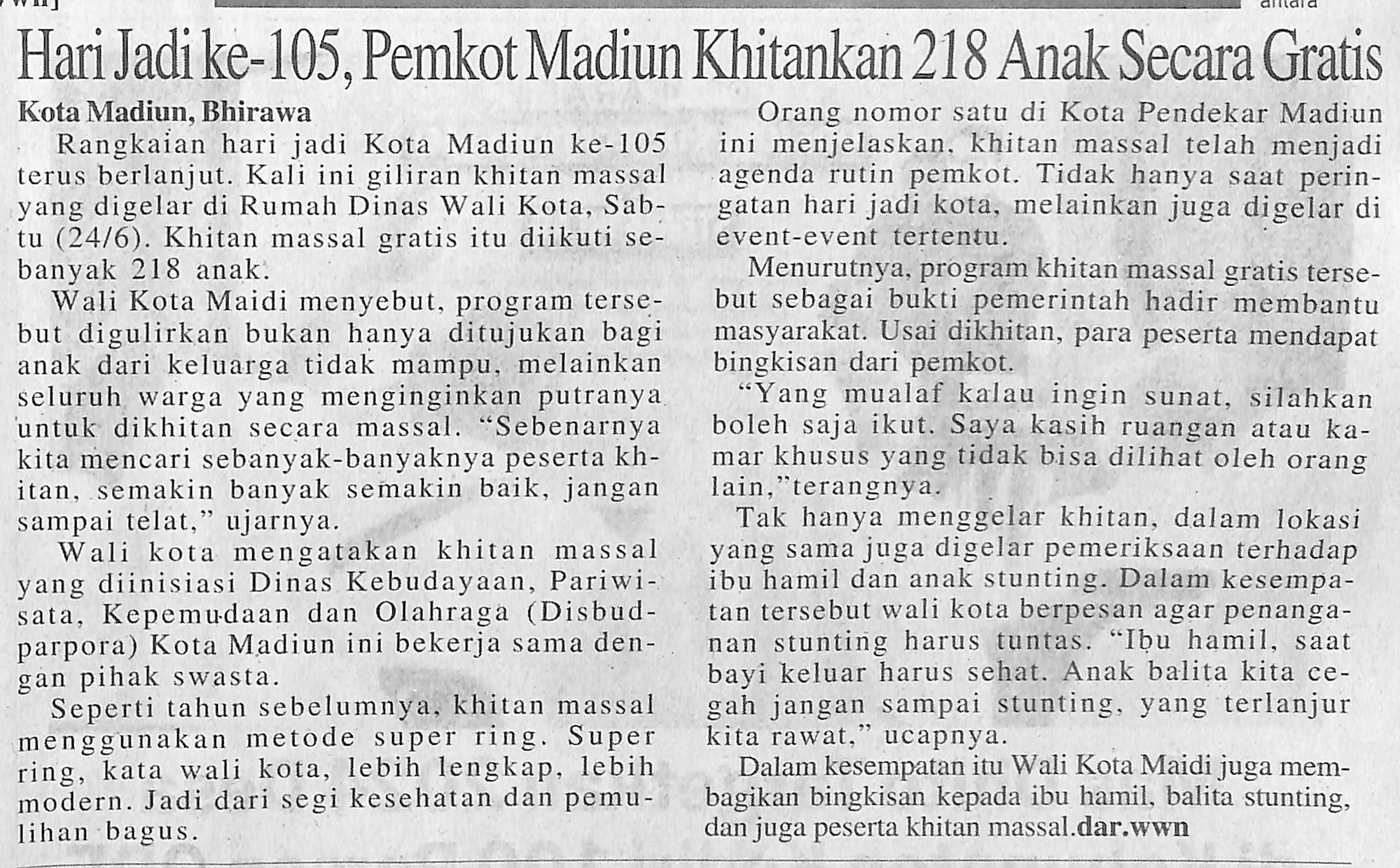 Hari Jadi ke - 105, Pemkot Madiun Khitankan 218 Anak Secara Gratis