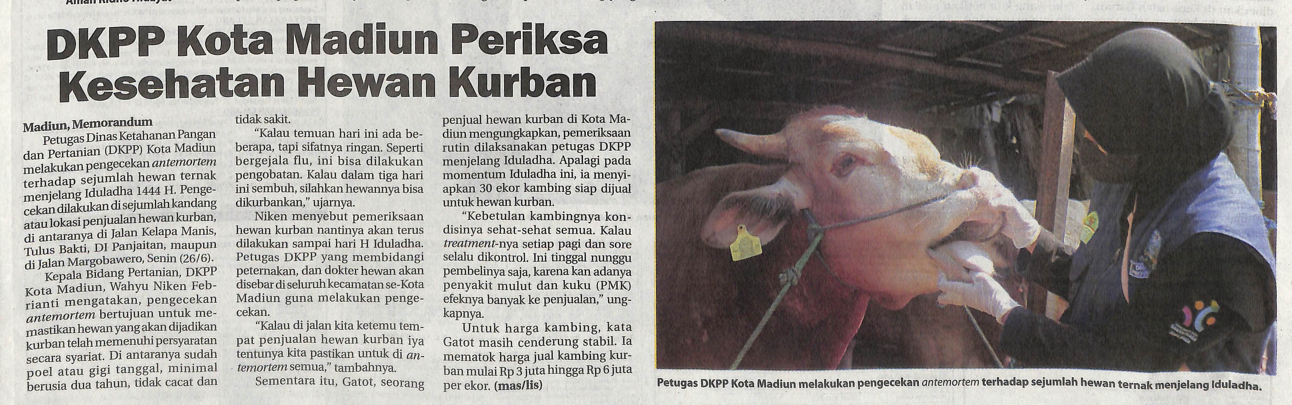 DKPP Kota Madiun Periksa Kesehatan Hewan Kurban