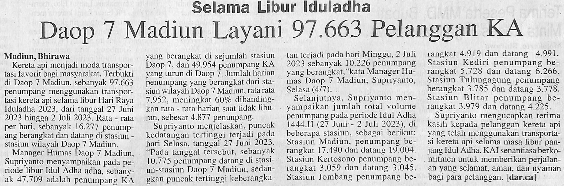 Selama Libur Iduladha, Daop 7 Madiun Layani 97.663 Pelanggan KA