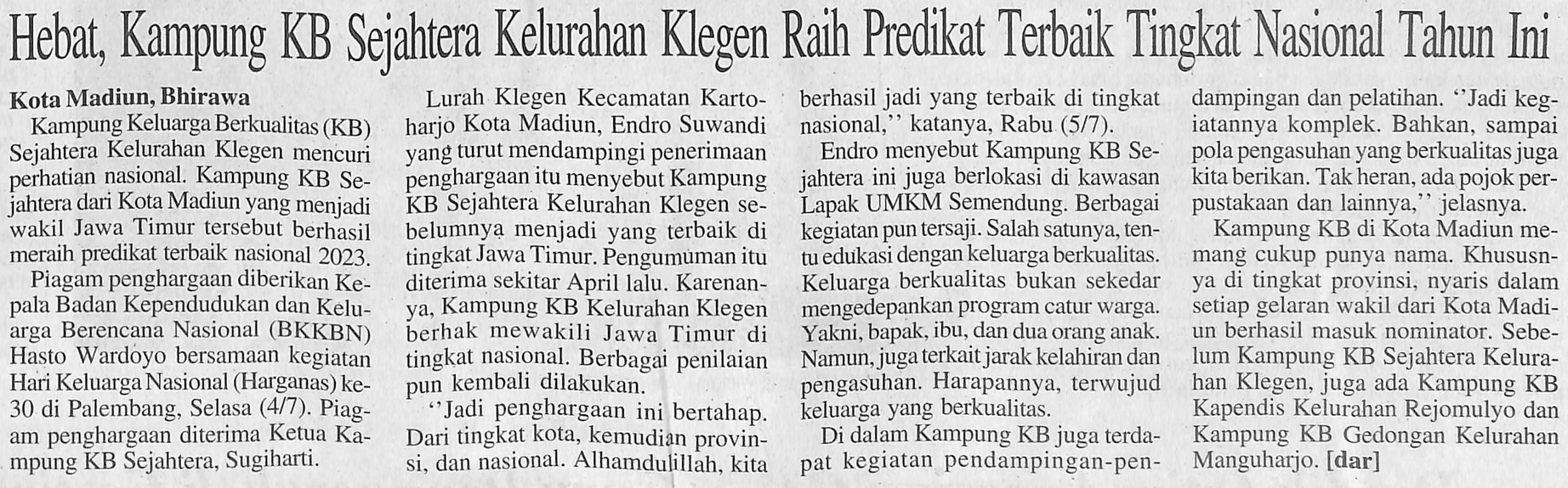 Hebat, Kampung KB Sejahtera Kelurahan Klegen Raih Predikat Terbaik Tingkat Nasional Tahun Ini