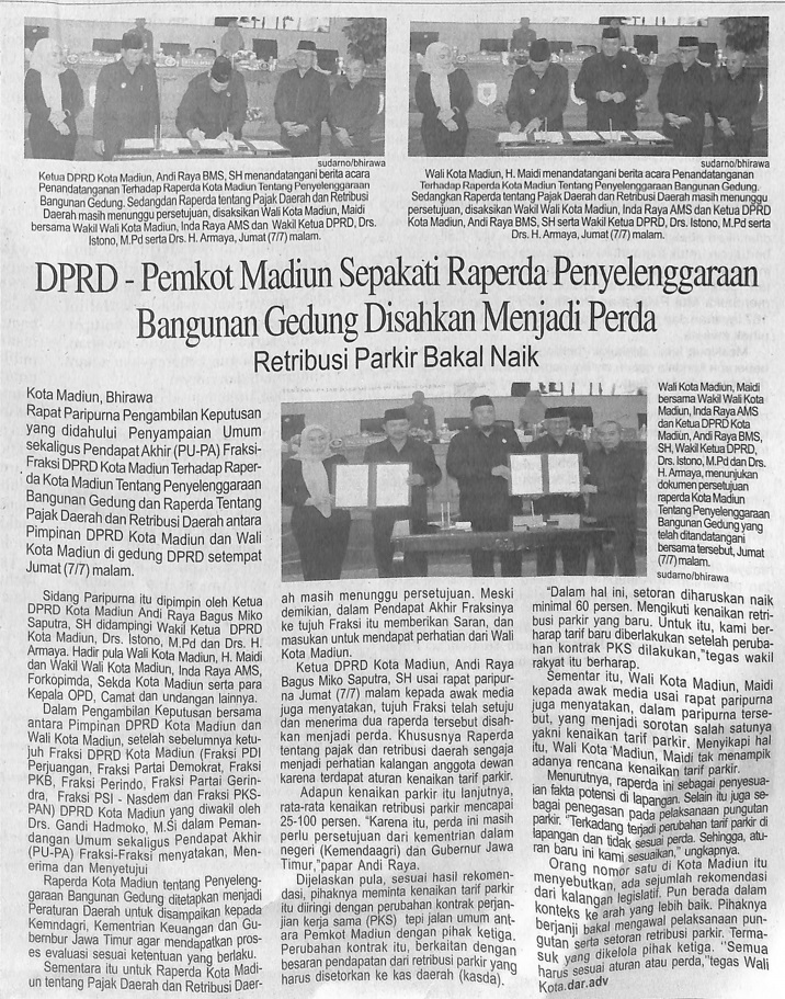 DPRD – Pemkot Madiun Sepakati Raperda Penyelenggaraan Bangunan Gedung Disahlan Menjadi Perda Retribusi Parkir Bakal Naik