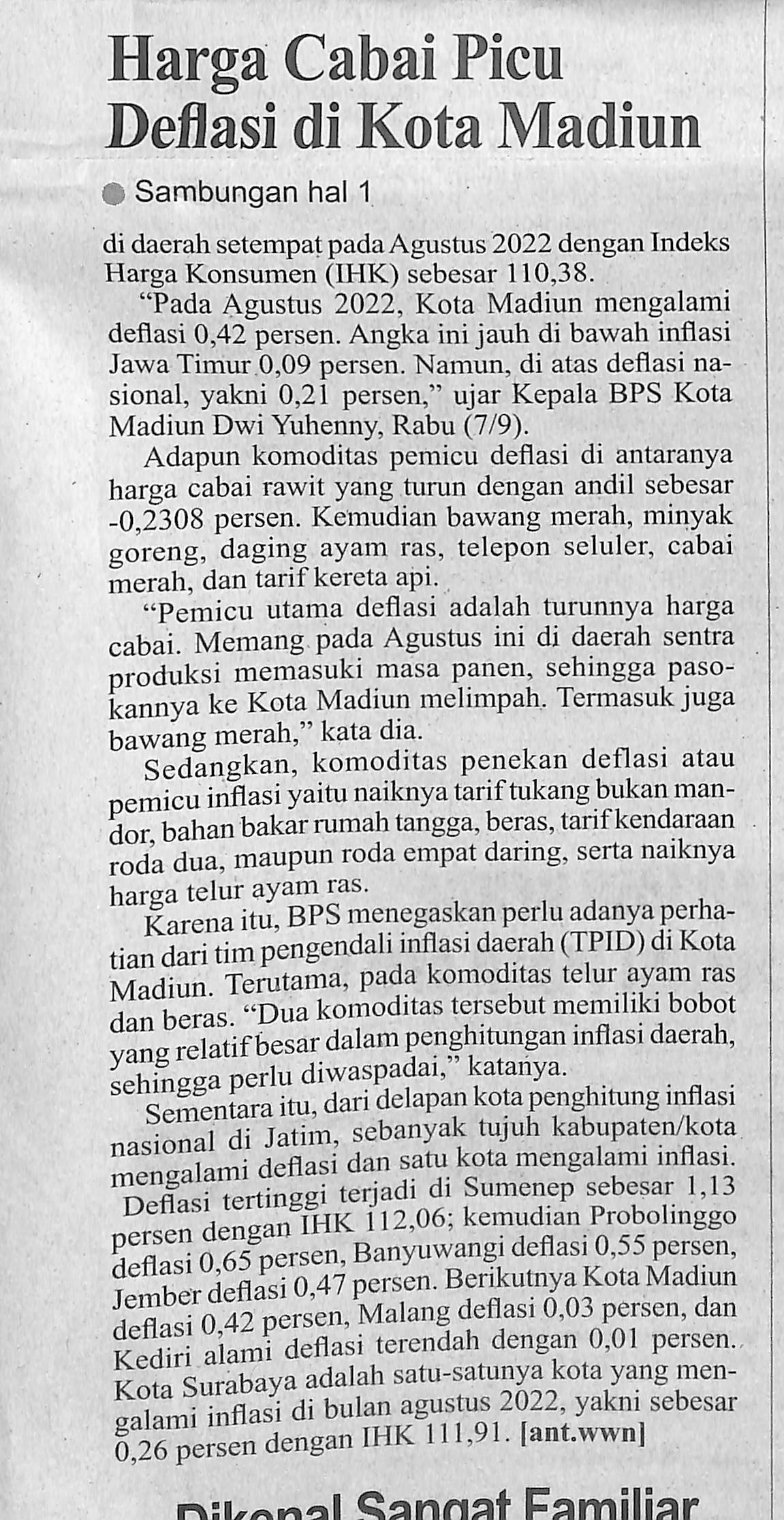 Harga Cabai Picu Deflasi di Kota Madiun