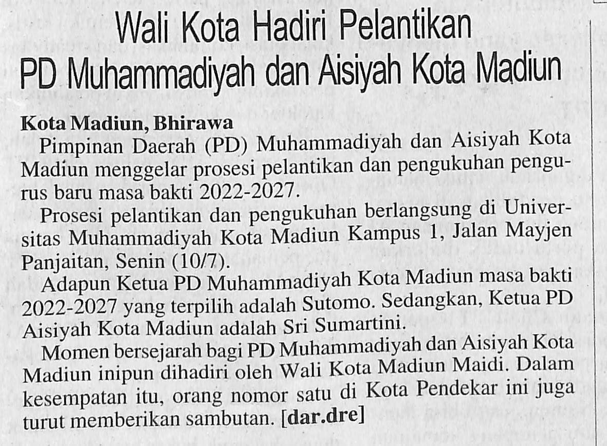 Walikota Hadiri Pelantikan PD Muhammadiyah dan Aisiyah Kota Madiun