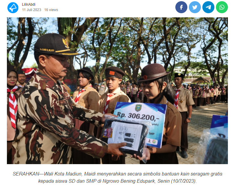 Ribuan Siswa Baru SD dan SMP di Kota Madiun Terima Kain Seragam Gratis Bersama Ongkos Jahit