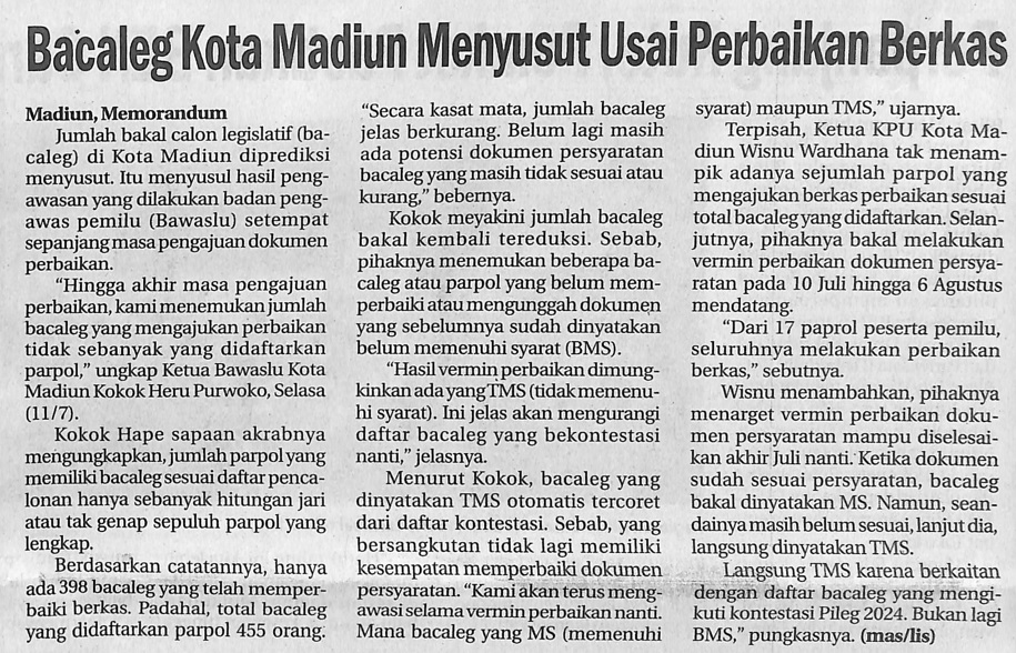 Bacaleg Kota Madiun Menyusut Usai Perbaikan Berkas