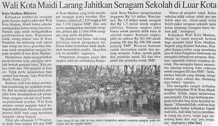 Wali Kota Maidi Larang Jahitkan Seragam Sekolah di Luar Kota