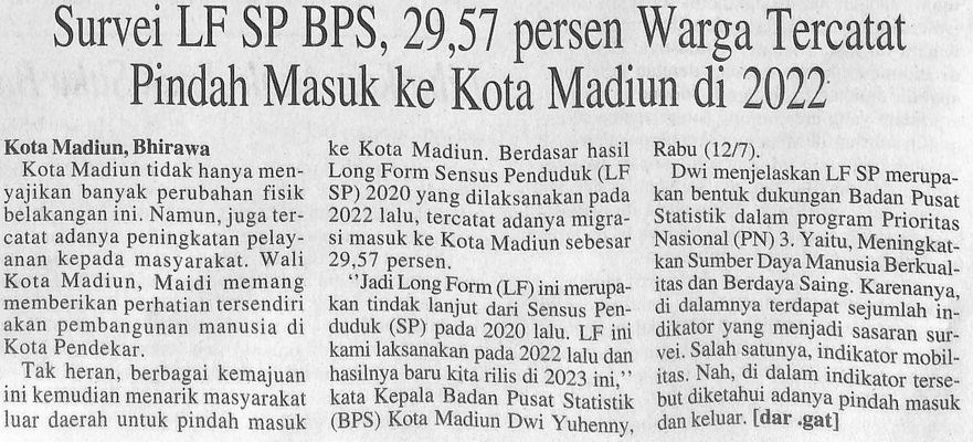 Survei LF SP BPS, 29,57 persen Warga Tercatat Pindah Masuk ke Kota Madiun di 2022