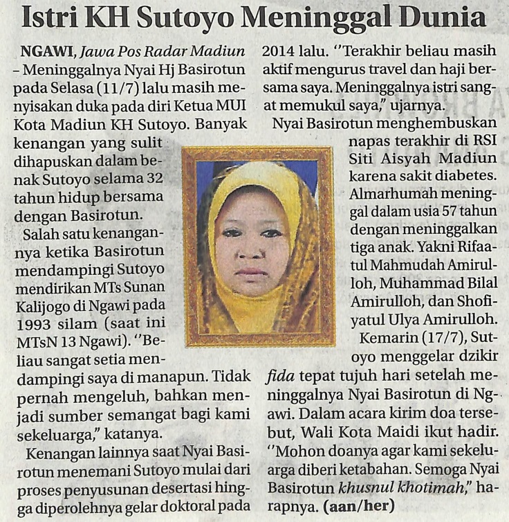 Istri KH Sutoyo Meninggal Dunia