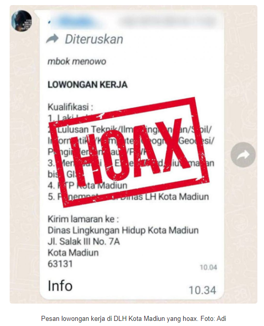 Pesan Lowongan Kerja di DLH Kota Madiun, HOAX