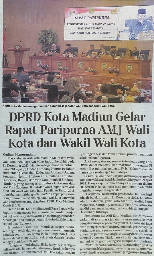 DPRD Kota Madiun Gelar Rapat Paripurna AMJ Wali Kota dan Wakil Wali Kota