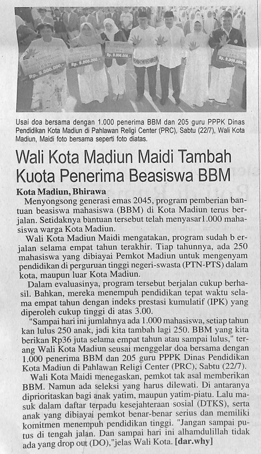 Wali Kota Madiun Maidi Tambah Kuota Penerima Beasiswa BBM