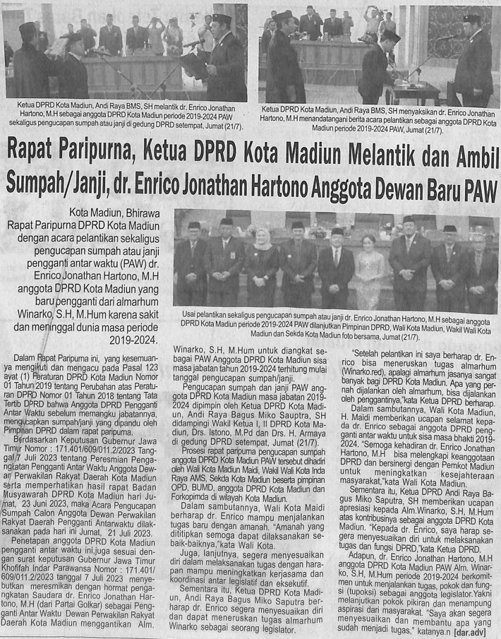 Rapat Paripurna, Ketua DPRD Kota Madiun Melantik dan Ambil Sumpah/Janji, dr. Enrico Jonathan Hartono Anggota Dewan Baru PAW