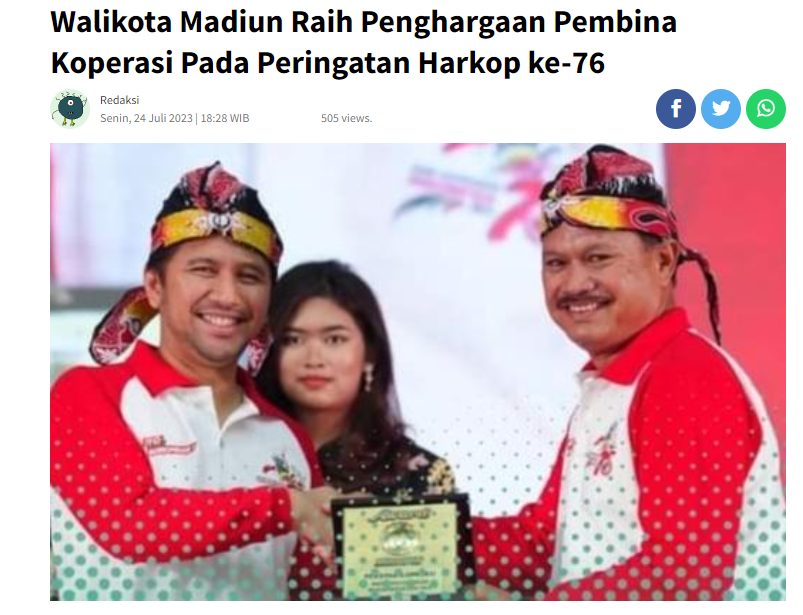 Walikota Madiun Raih Penghargaan Pembina Koperasi Pada Peringatan Harkop ke-76