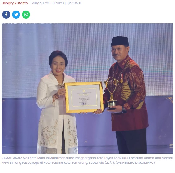 Kota Madiun Sandang Predikat Utama Kota Layak Anak 2023