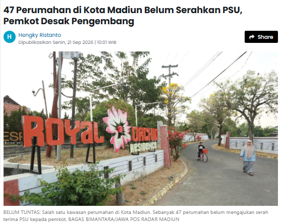 47 Perumahan di Kota Madiun Belum Serahkan PSU, Pemkot Desak Pengembang