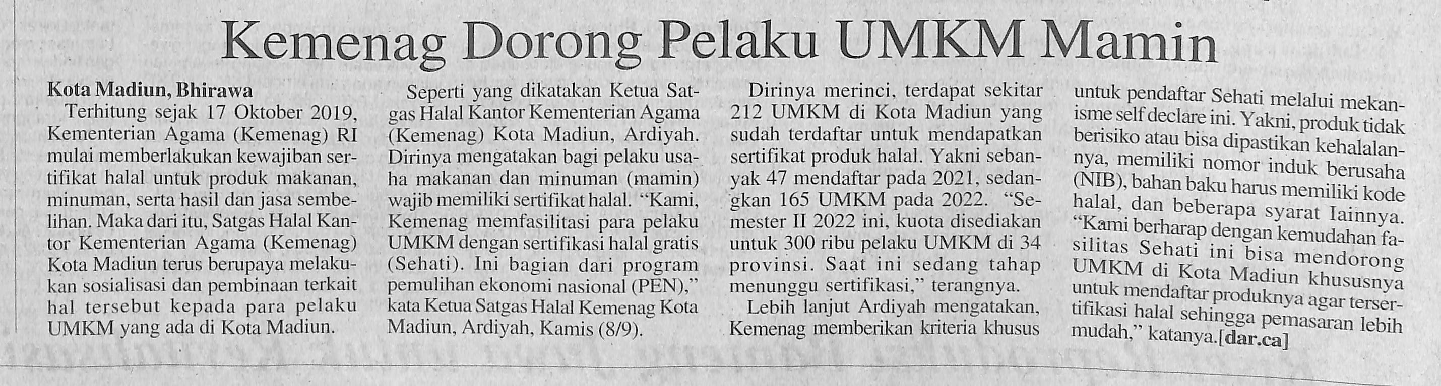 Kemenag Dorong Pelaku UMKM Mamin