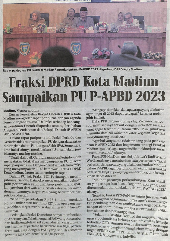 Fraksi DPRD Kota Madiun Sampaikan PU P-APBD 2023
