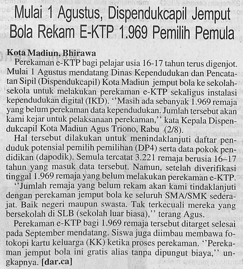 Mulai 1 Agustus, Dispendukcapil Jemput Bola Reka, E-KTP 1.969 Pemilih Pemula