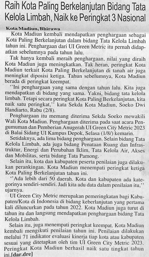 Raih Kota Paling Berkelanjutan Bidang Tata Kelola Limbah, Naik Peringkat 3 Nasional