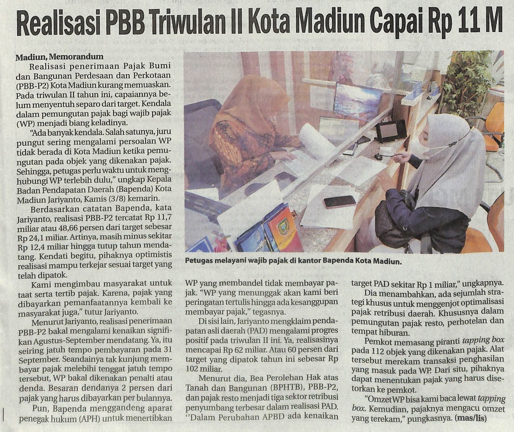 Realisasi PBB Triwulan II Kota Madiun Capai Rp 11 M