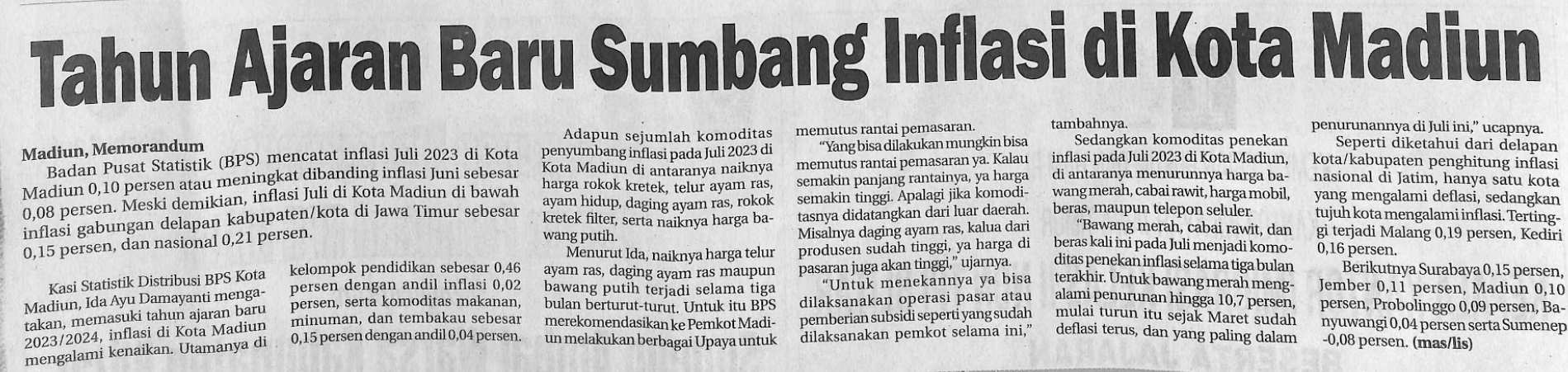 Tahun Ajaran Baru Sumbang Inflasi di Kota Madiun