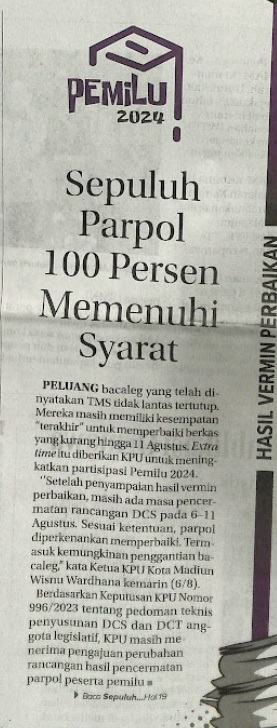 Sepuluh Parpol 100 Persen Memenuhi Syarat