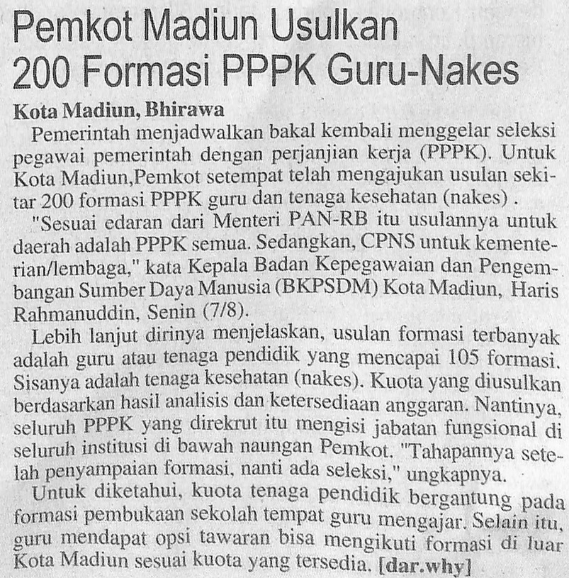 Pemkot Madiun Usulkan 200 Formasi PPPK Guru-Nakes