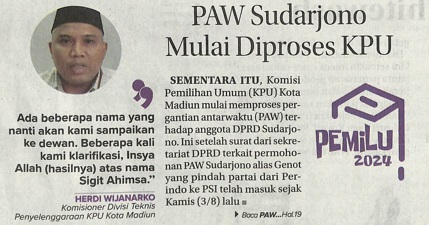 PAW Sudarjono Mulai Diproses KPU